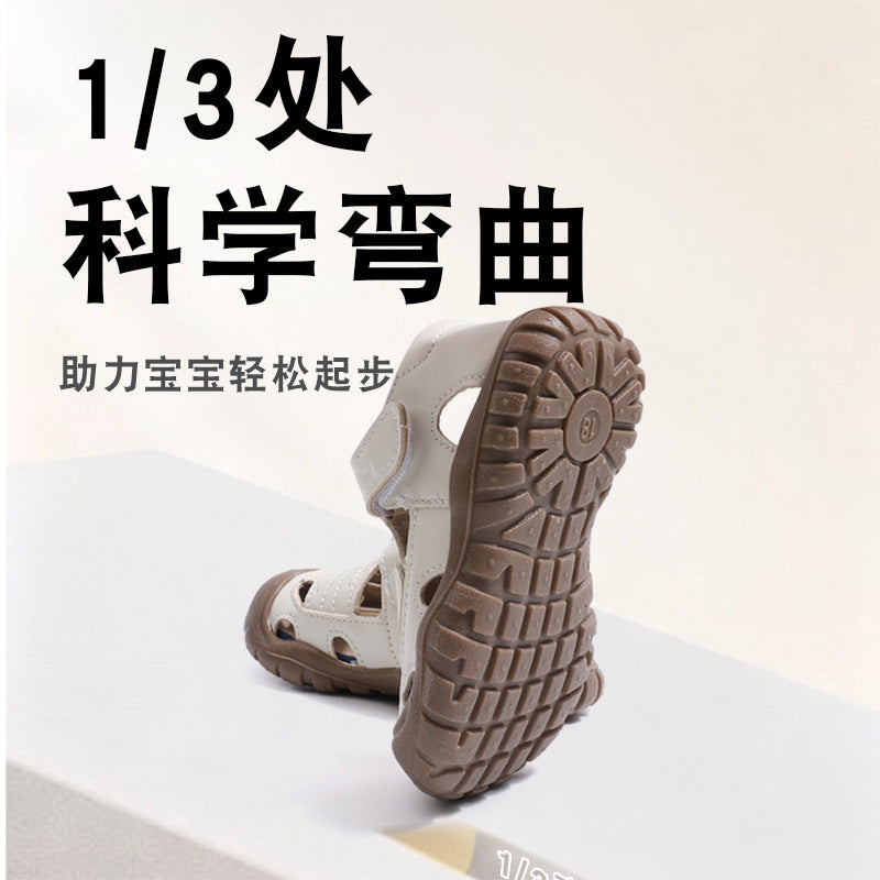 Kids' hollow-out breathable sandals, anti-collision soft sole, non-slip first walker shoes, summer closed-toe anti-kick shoes for boys and girls, ages 1-4