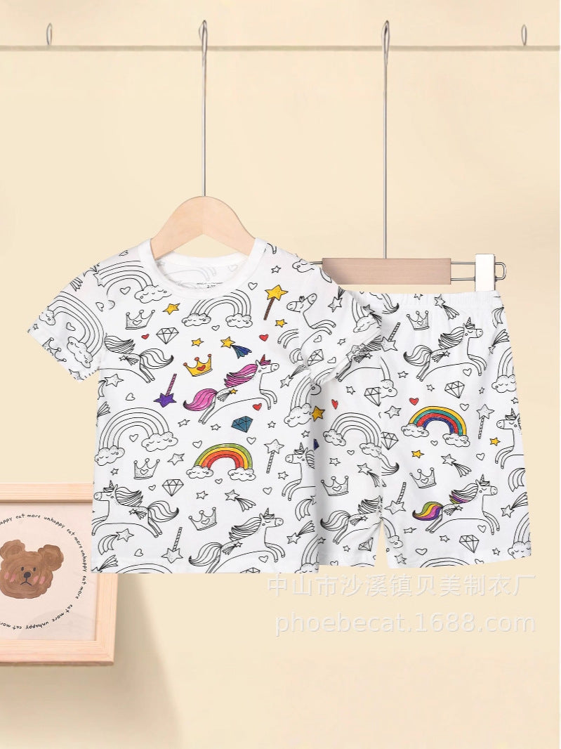 Cartoon european and american cross-border exclusive children's home clothes pajamas suit sketch comfortable breathable diy hand-painted graffiti