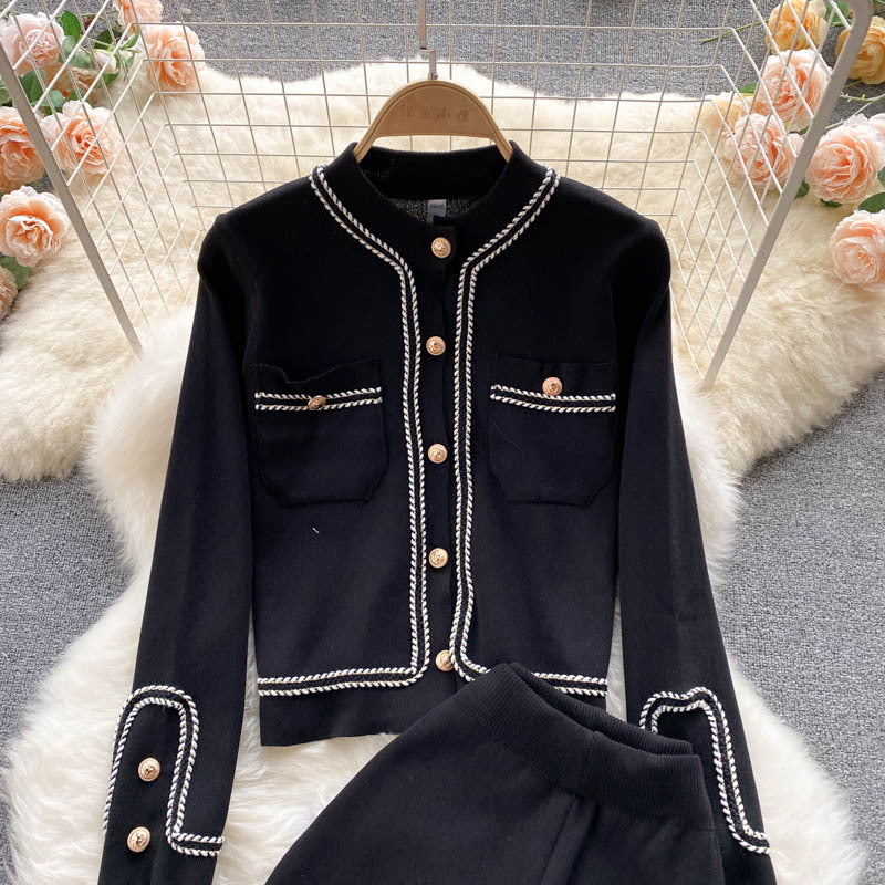 Light mature style knittingsuit women's autumnew arrivalsense of design single breasted cardiganhigh waistslimming lookloose pantstwo-piece set