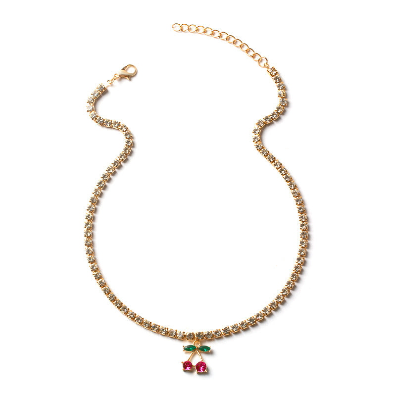 Wholesale autumn/winter necklaces: european and american style cute cherry alloy rhinestone pendant, versatile high-end gold-plated women's choker necklace