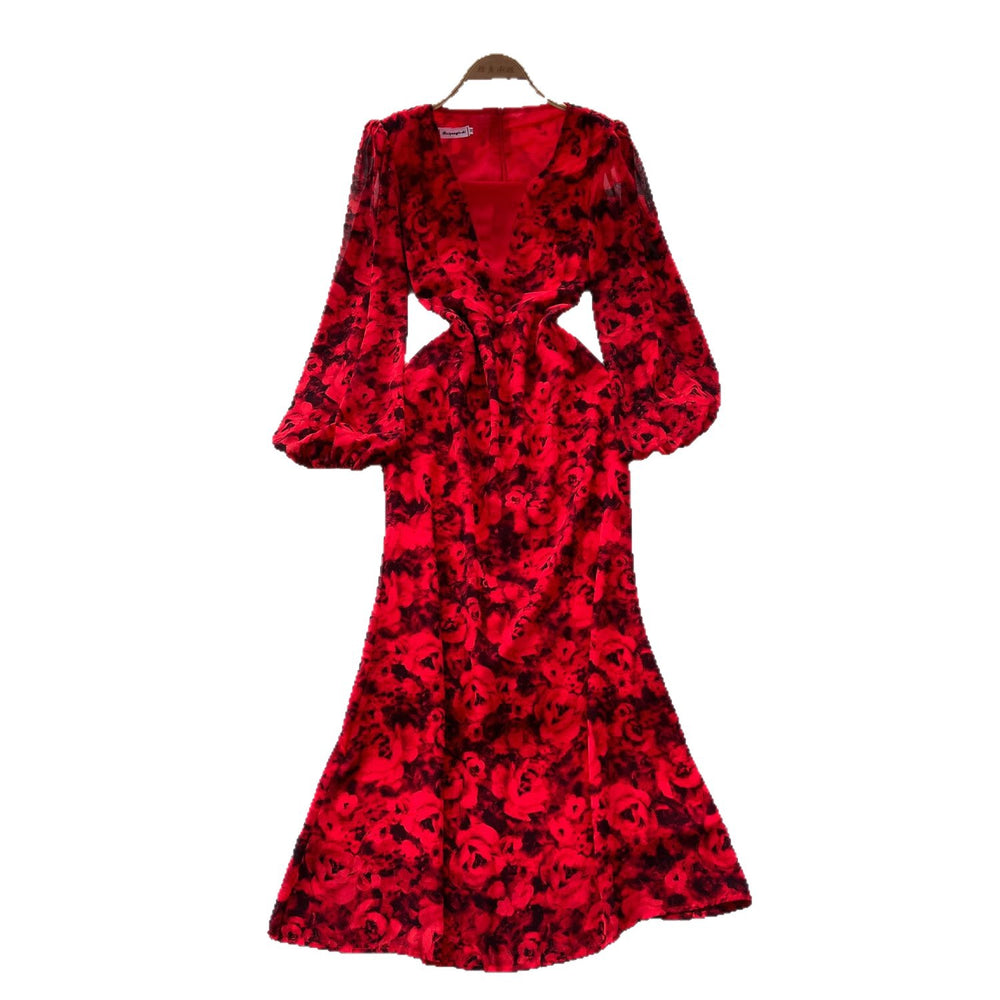 European and american style printed bubble sleeve dress - women's autumn slimming, figure-flattering, mature, chic, and exquisite long dress