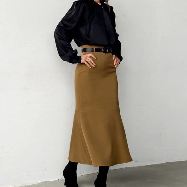 Retro brown French fishtail skirt 2024 autumn and winter temperament drape suit skirt medium and long skirt high-end women's clothing