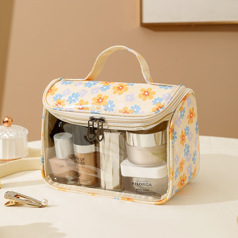 Splicing transparent cosmetic bag PVC bath toilet bag PU waterproof handbag large capacity travel portable storage bag