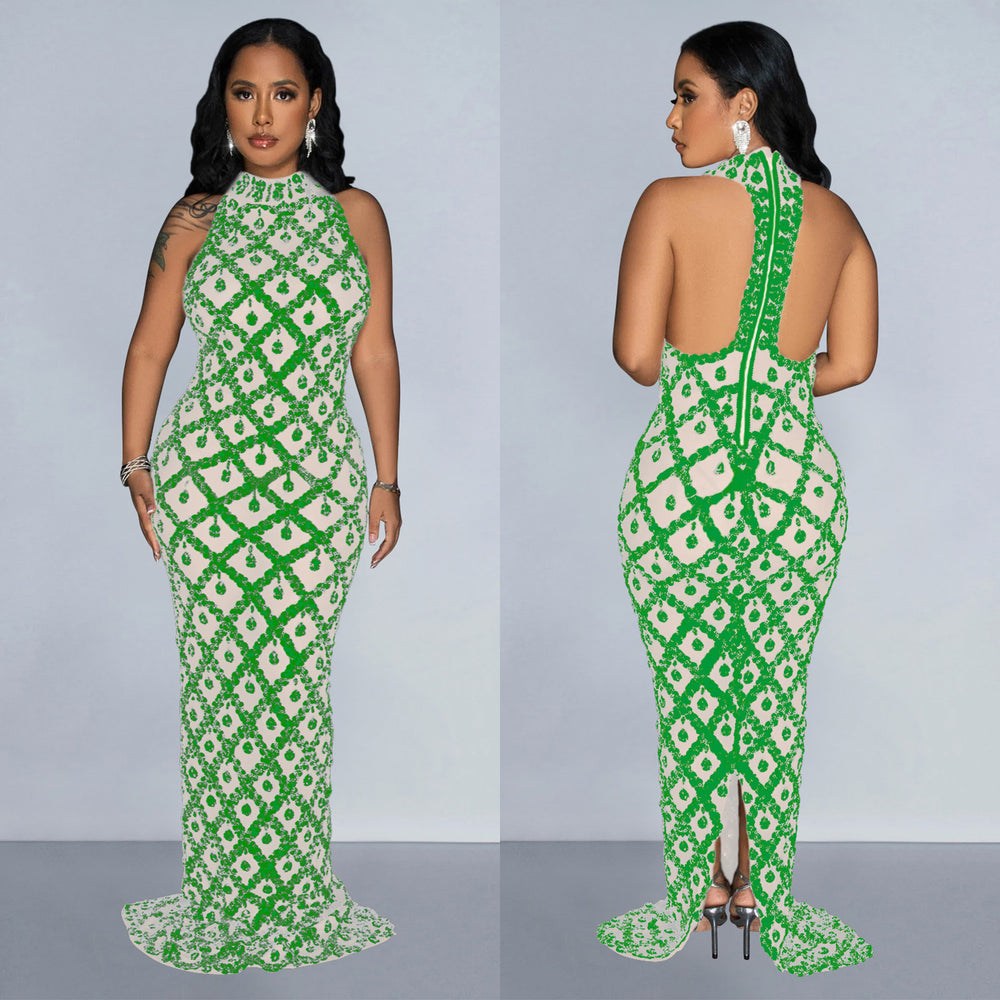 C6895 cross-border   fashion women's solid color sequin halter backless maxi dress