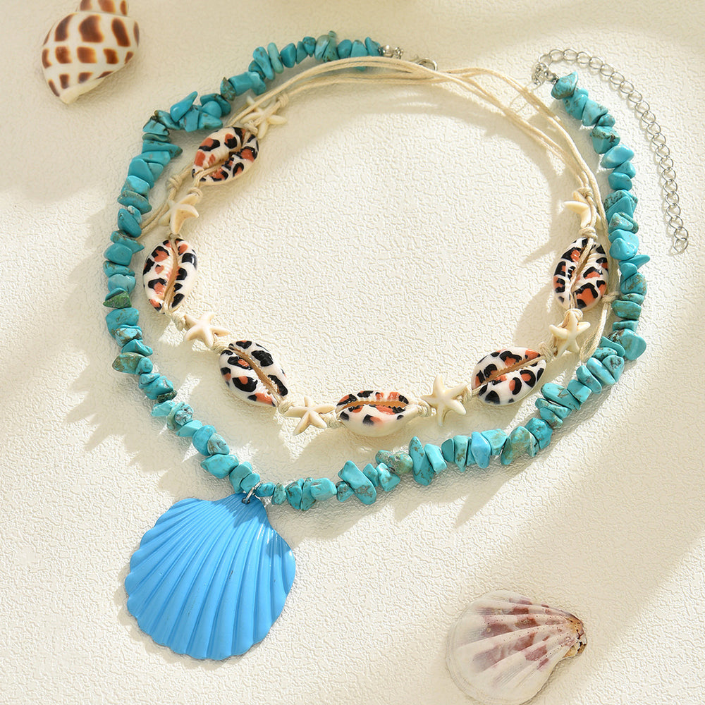 European and american cross-border fresh and sweet blue shell pendant necklace casual vacation summer shell layered clavicle chain for women