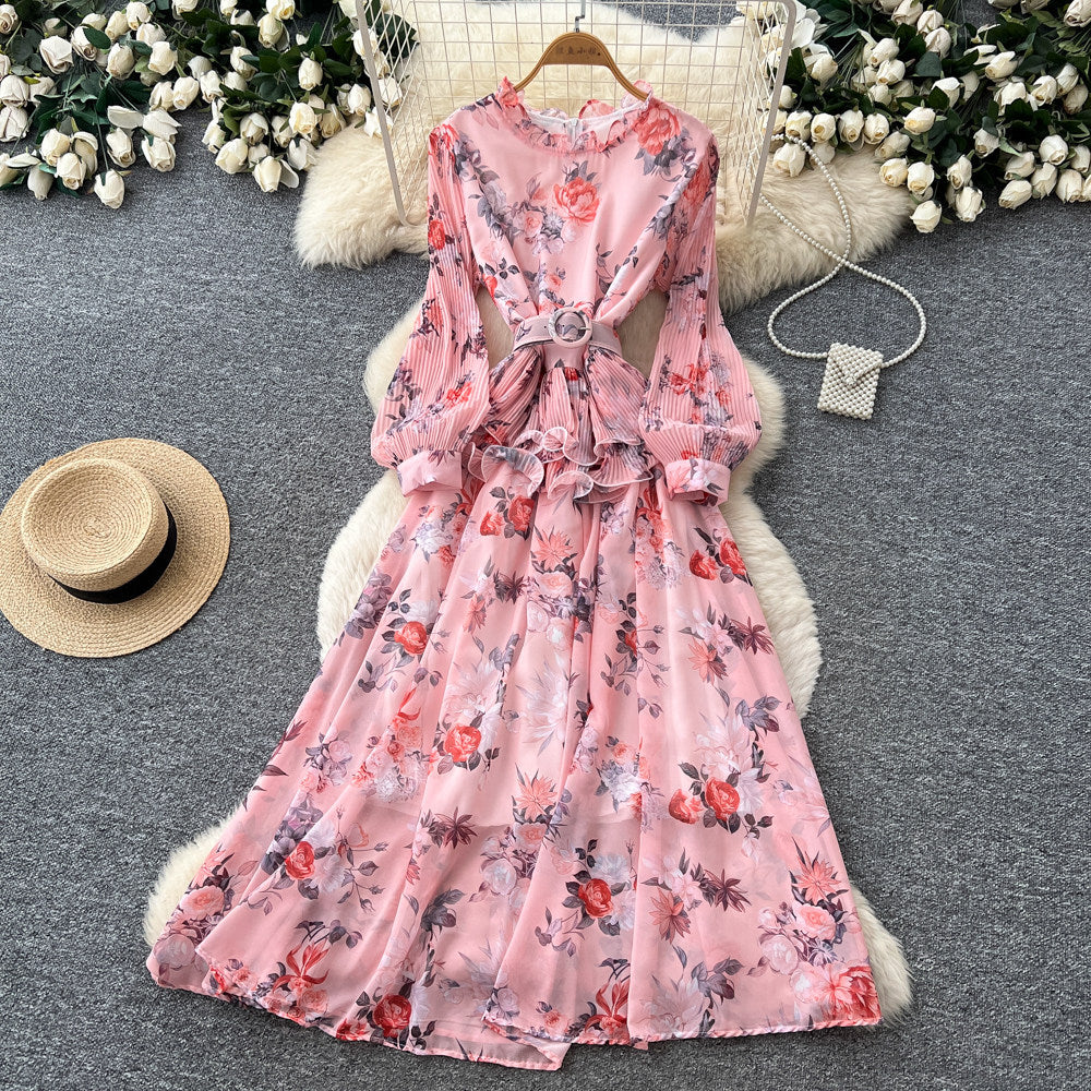 French chic floral slim-fit printed dress - women's summer tie-waist a-line maxi dress - vacation style, slimming design