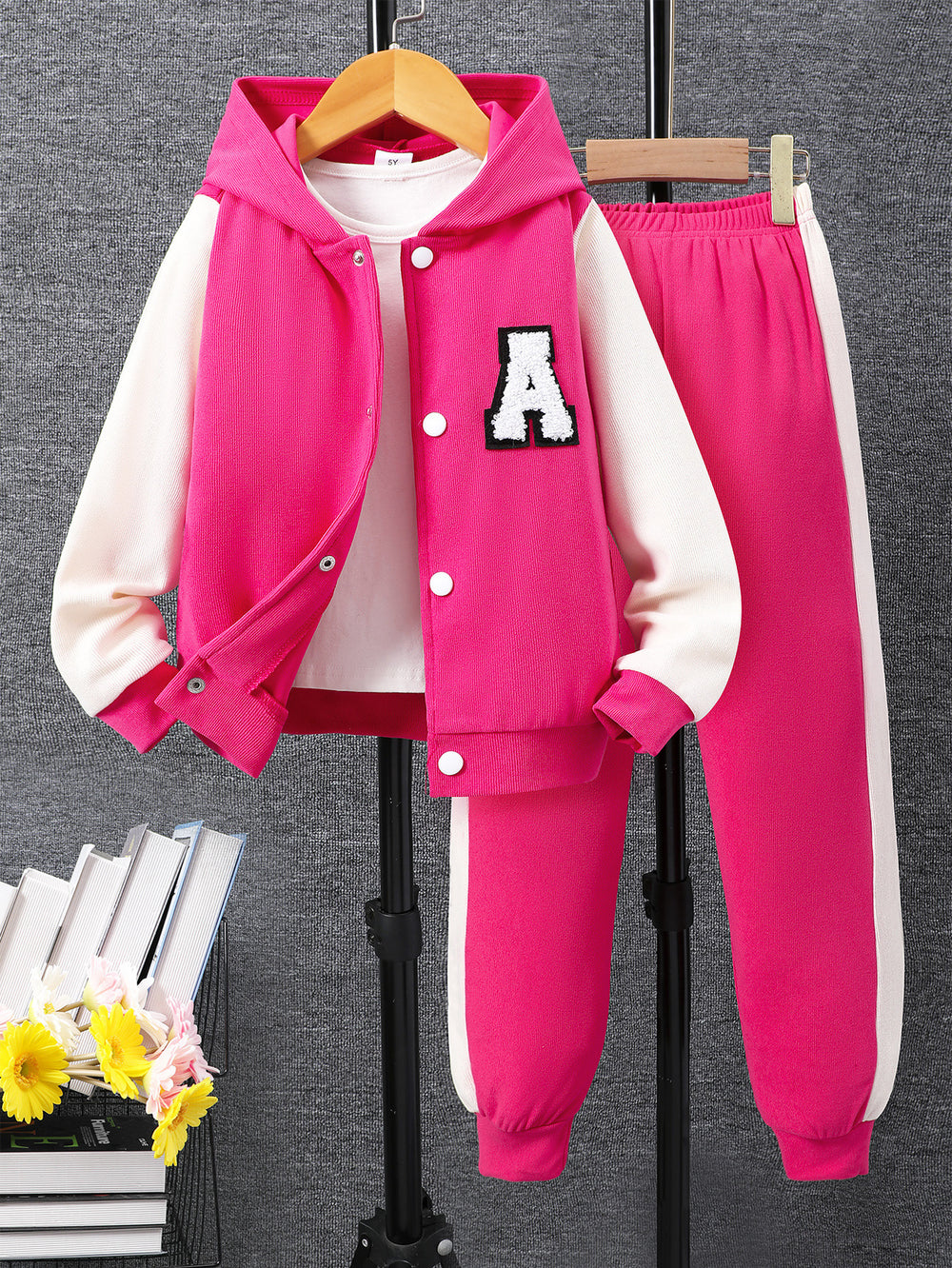 Children's long-sleeved hooded contrasting color a-line suit