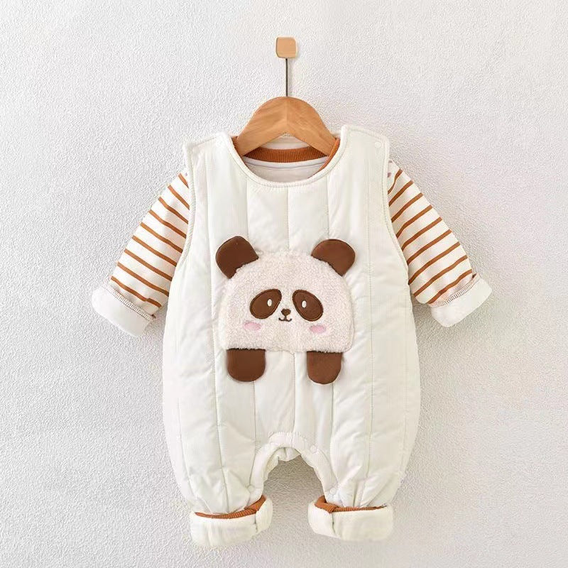 Newborn baby clothes autumn winter casual cartoon cotton-padded romper, super cute fleece-lined cotton two-piece set for baby boys