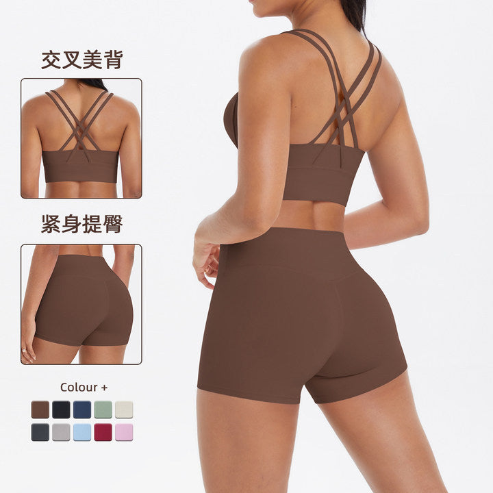 Fashion cross-border nude brushed cross back bra casual sports hip lifting shorts fitness yoga wear two-piece set
