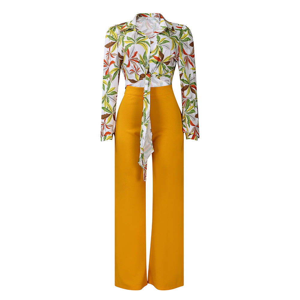 D3241 european and american foreign trade women's cross-border outfit: autumn printed turn-down collar long-sleeve shirt top and wide-leg pants two-piece set