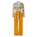 D3241 european and american foreign trade women's cross-border outfit: autumn printed turn-down collar long-sleeve shirt top and wide-leg pants two-piece set