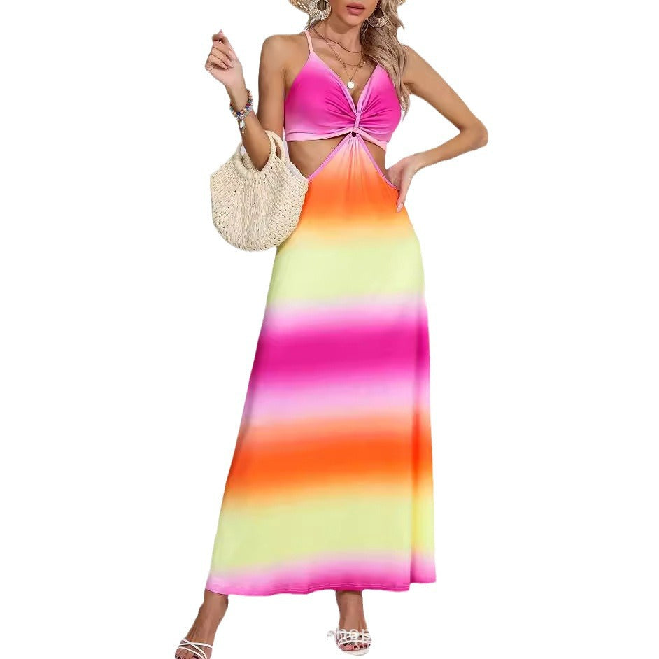 Spot  popular European and American suspender v-neck tie-dye backless rainbow dress sexy long dress elegant