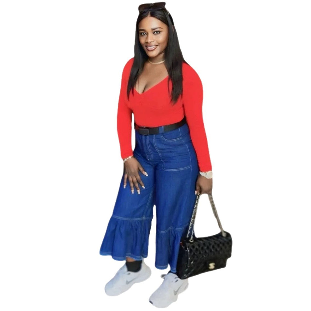 European and american style women's casual cropped denim pants -  cross-border summer fashion ruffle flare jeans