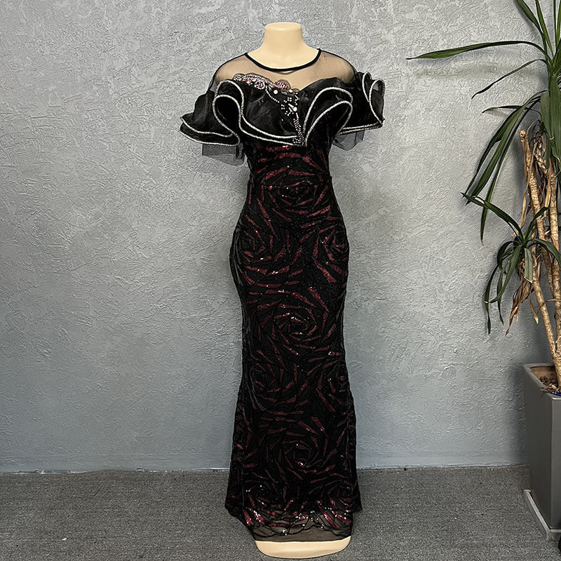 Rose sequin bodycon mermaid evening gown maxi dress off-the-shoulder ruffle luxury african european women's clothing