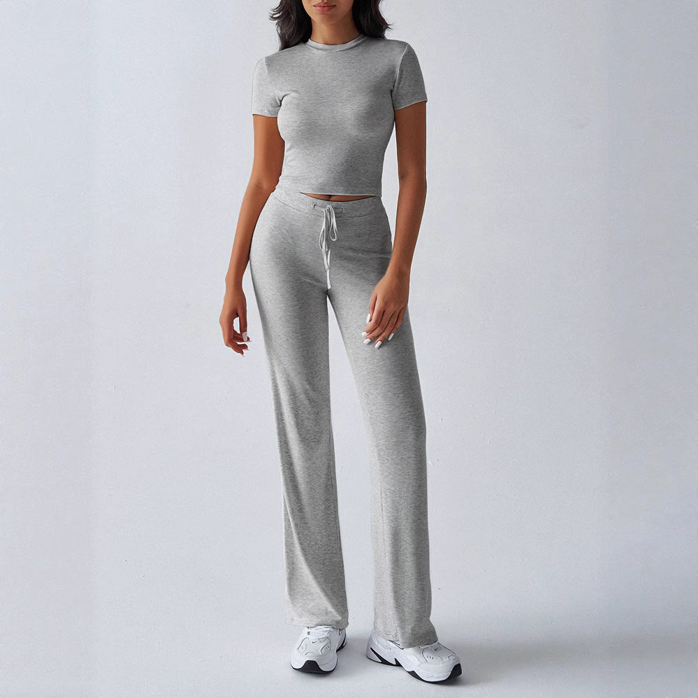 2025 european and american new arrival cross-border women's spring/summer elegant solid color crew neck casual fashion set - short sleeve top and long pants
