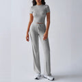 2025 european and american new arrival cross-border women's spring/summer elegant solid color crew neck casual fashion set - short sleeve top and long pants