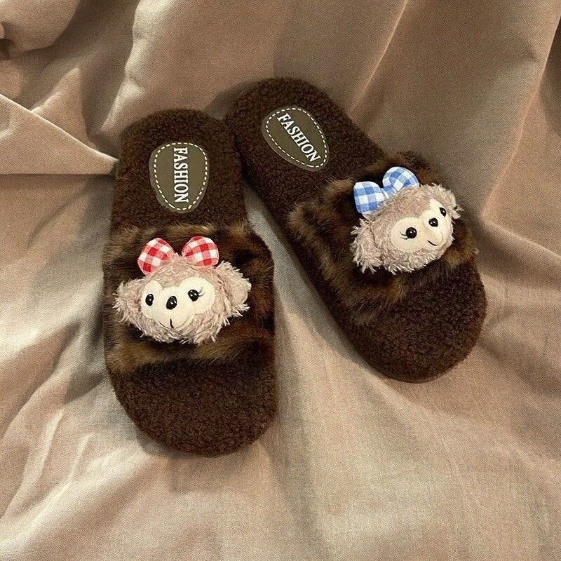 2025 new cute cartoon shirley rose leopard print fuzzy slippers women's autumn/winter outdoor non-slip soft sole closed-toe cotton slippers