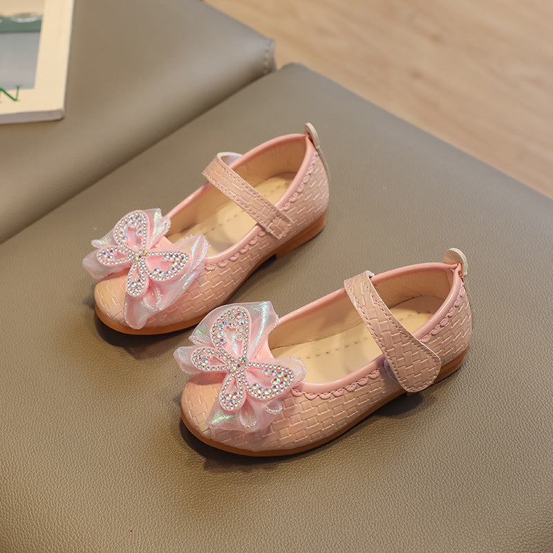 Girls' princess shoes, kids' leather shoes,  spring collection, girls' pearl crystal shoes, soft sole little girl's single shoes, flat shoes