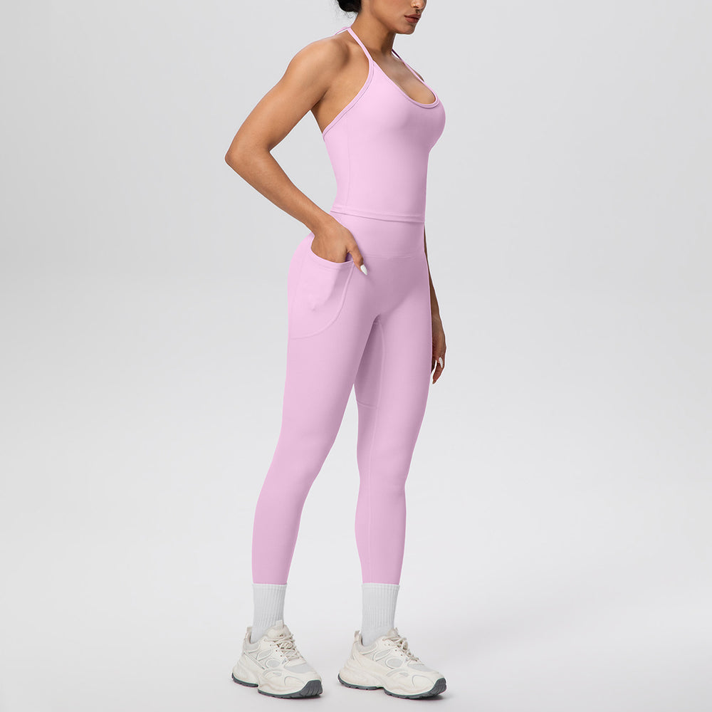 Cloud-feel quick-dry tie-up tank top & high-waisted pocket leggings activewear set - perfect for outdoor running, fitness, and yoga