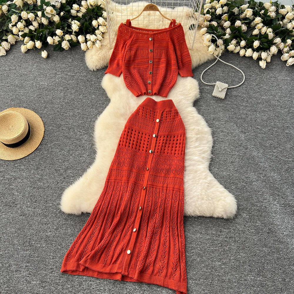 Niche styleretrocut out hook flower off-shoulder suspender knitting shirttopstwo-piece set women's easiest for match medium long skirt