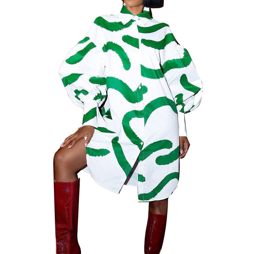 European and american    new women's elegant loose-fit printed fashion shirt dress - cross-border dress