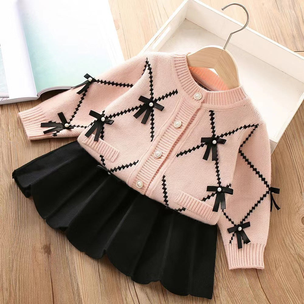 Girls' knitted sweater dress set - autumn/winter  new collection - baby girl pleated skirt top and jacket outfit