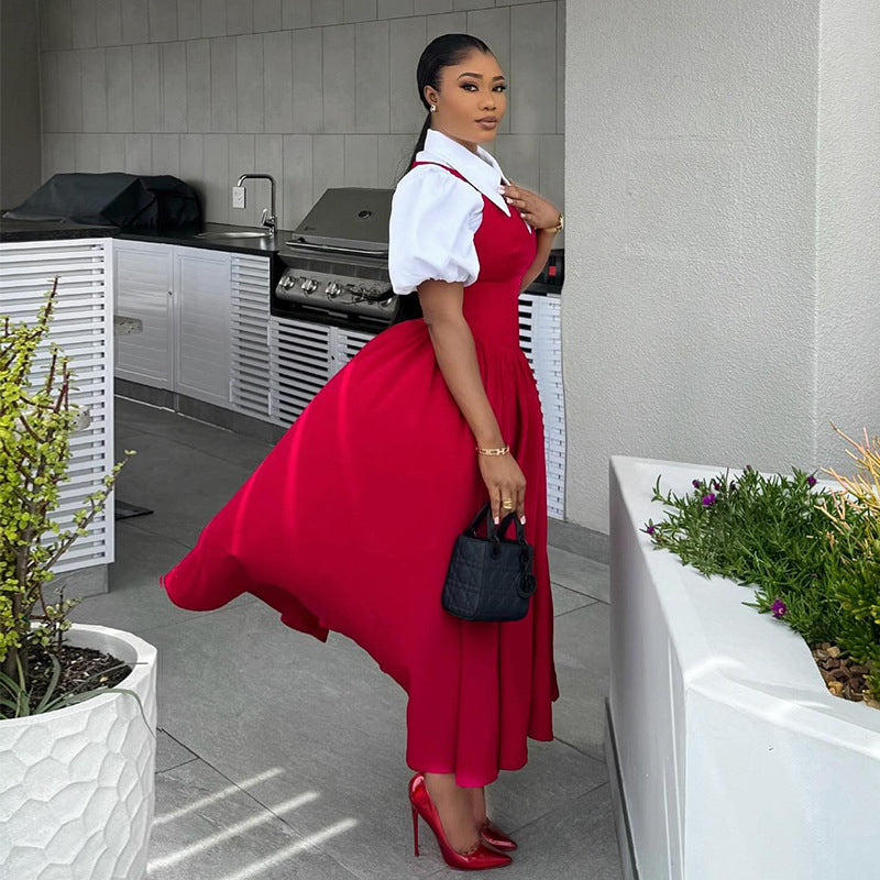 European and american style women's summer  elegant bubble sleeve blouse collar high waist slimming dress - faux two-piece