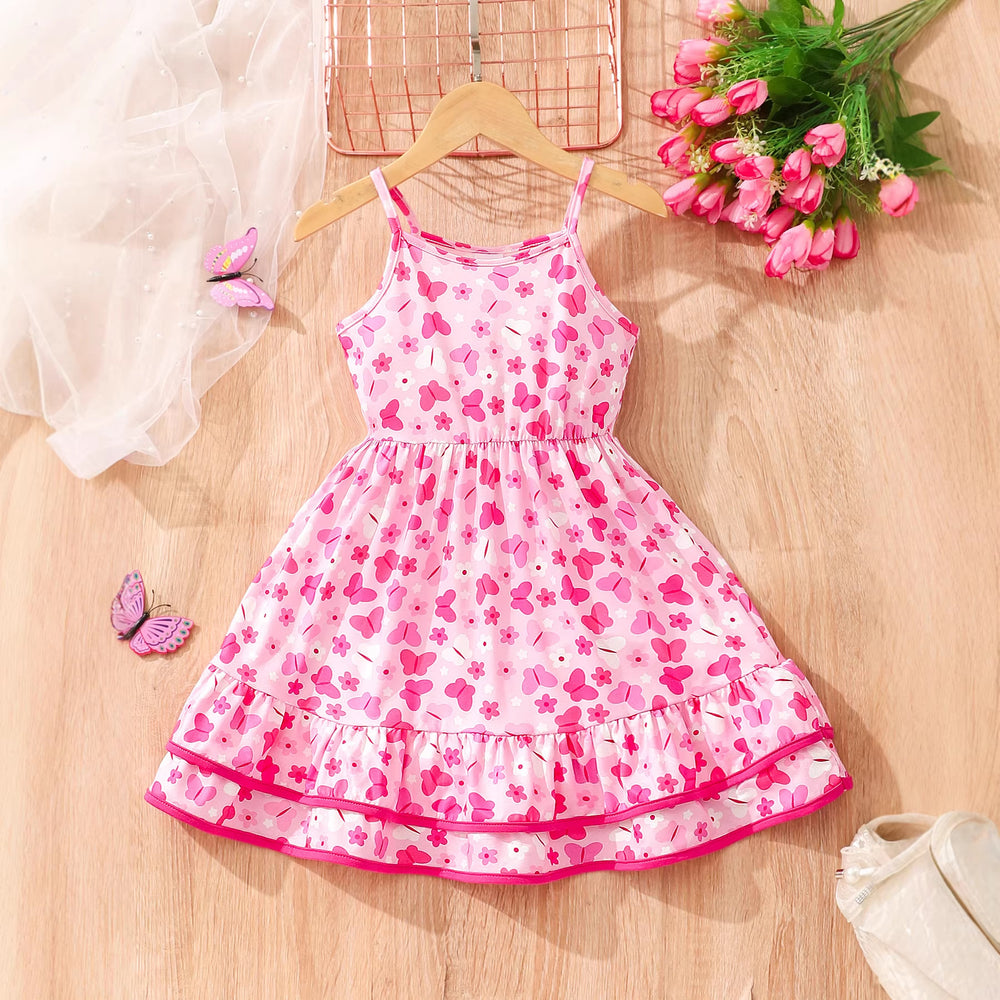 Kids' strawberry ice cream digital print cami dress with double-layered hem