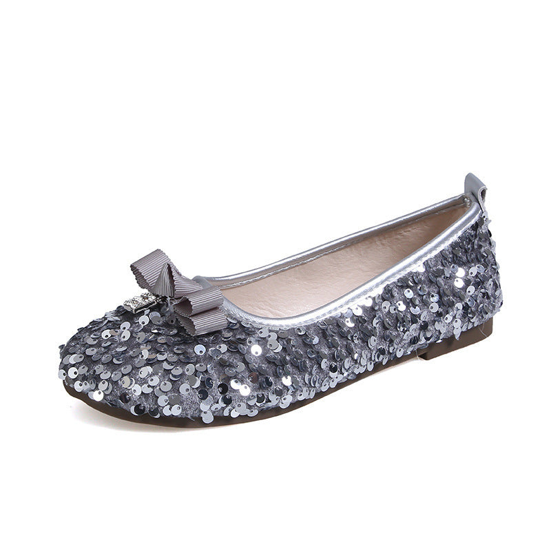 Sequin flats women's  summer new arrivalfrench evening light mouth fashioncasualbowsflats bean shoes