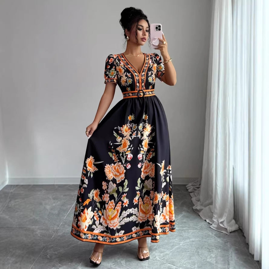 spring new arrival: v-neck ethnic print satin wrap maxi dress