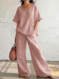 european and american cross-border women's fashion casual solid color v-neck loose short sleeve top and drawstring pants two-piece set