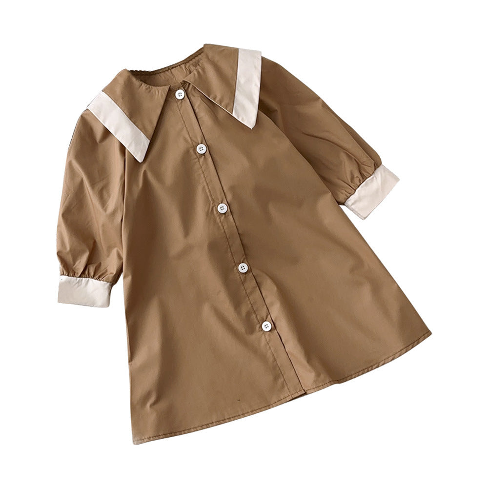 Fashion style children's clothing girl spring & fallnew arrival double pointed collar contrast color large lapel retrocasualloose windbreaker long skirt