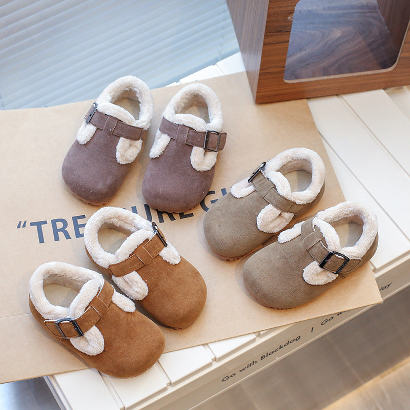 Children's cotton shoes 2024 winter new girls fluffy shoes soft sole non-slip baby velvet cotton shoes boys Birkenstocks