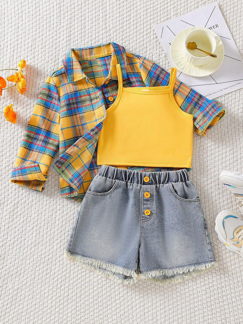 cross-border exclusive lapel plaid shirt camisole + heavy-duty washed beaded jeans three-piece set