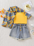 cross-border exclusive lapel plaid shirt camisole + heavy-duty washed beaded jeans three-piece set