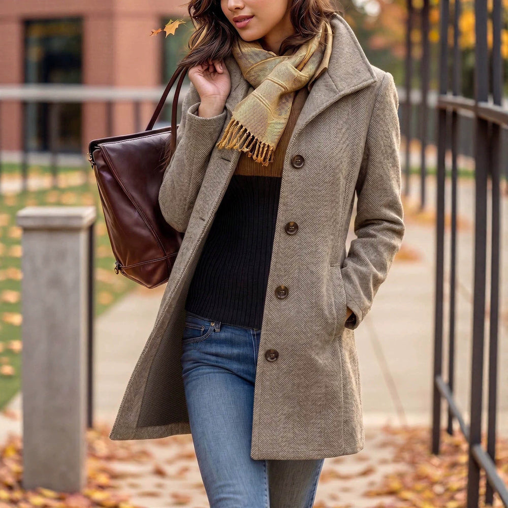 Fashionfall and winter style women's outwear herringbone pattern large lapel single breasted flap pocket pants design slimming lookwoolen coat supply