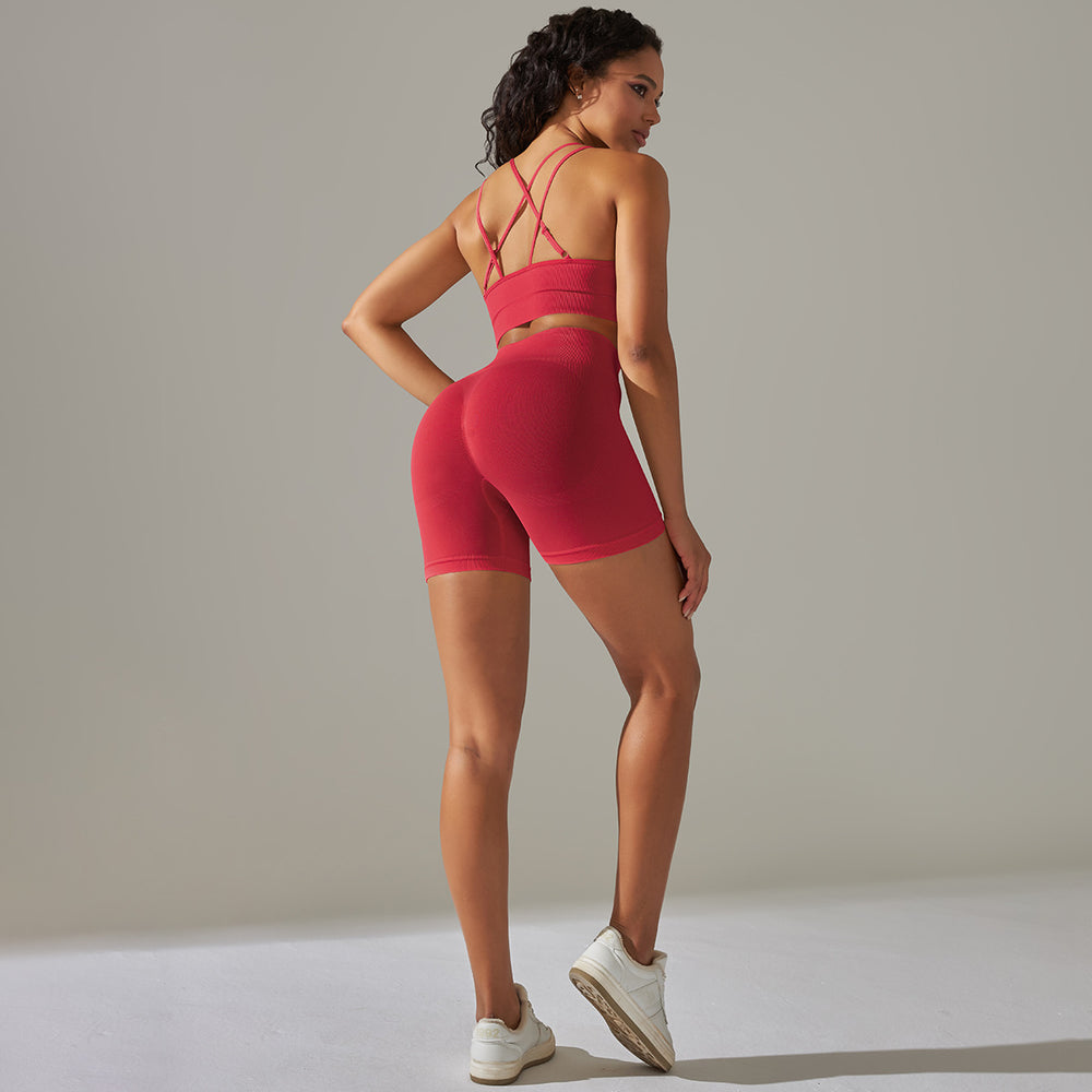 fashion seamless tight cross back sports intimates yoga suit running fitness shorts two-piece set