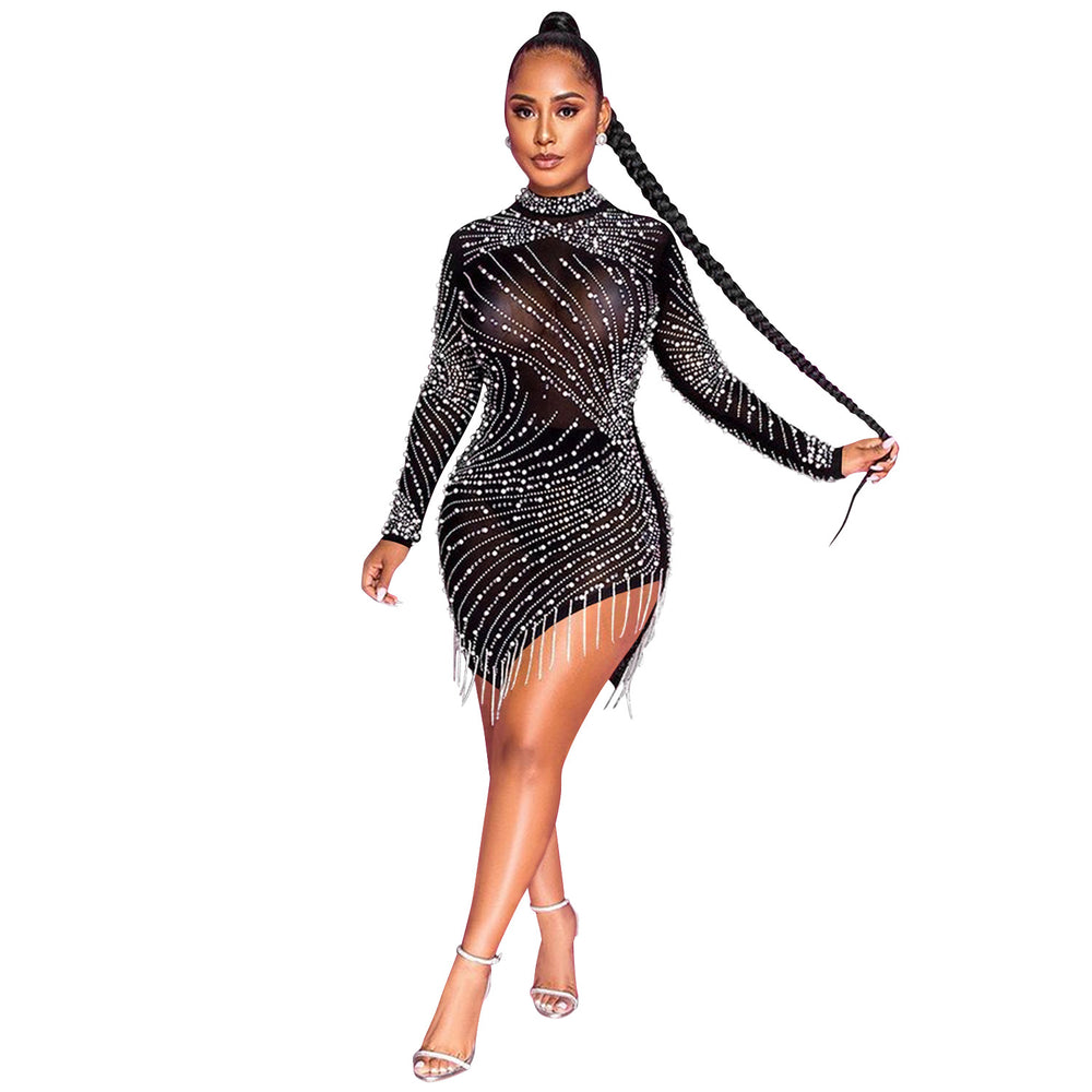 X5216 cross-border new arrival: european & american sexy nightclub mesh see-through rhinestone beaded tassel round neck long sleeve dress