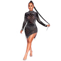 X5216 cross-border new arrival: european & american sexy nightclub mesh see-through rhinestone beaded tassel round neck long sleeve dress