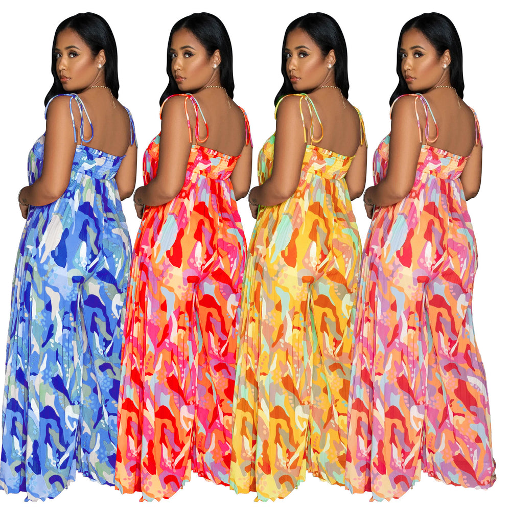 C6878 cross-border   fashion women's sexy printed cami pleated wide-leg jumpsuit
