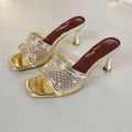 New mesh rhinestone high-heeled slippers 2025 - unique design, solid color, sexy & chic, transparent party sandals
