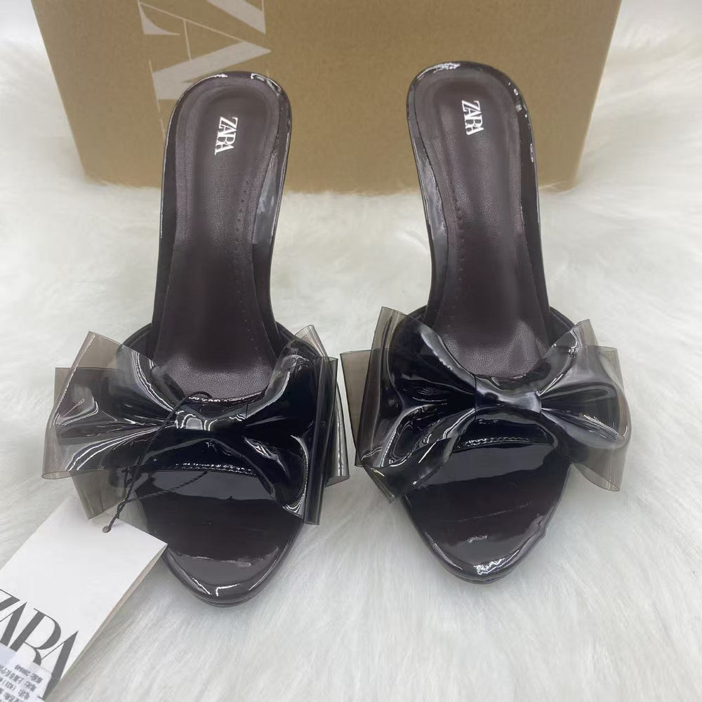 Za 2024 summer new women's pink bow high heel mules - round toe, open back, stiletto heel sandals