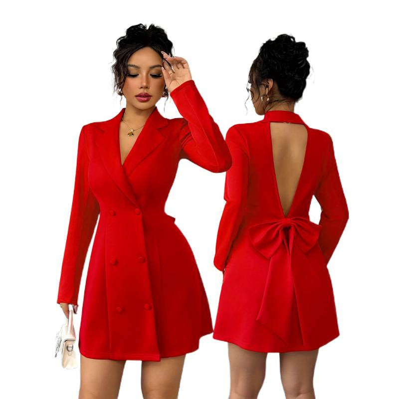 Women's autumn/winter fashionable and elegant blazer collar double-breasted v-neck open back big bow long sleeve short dress