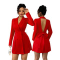 Women's autumn/winter fashionable and elegant blazer collar double-breasted v-neck open back big bow long sleeve short dress