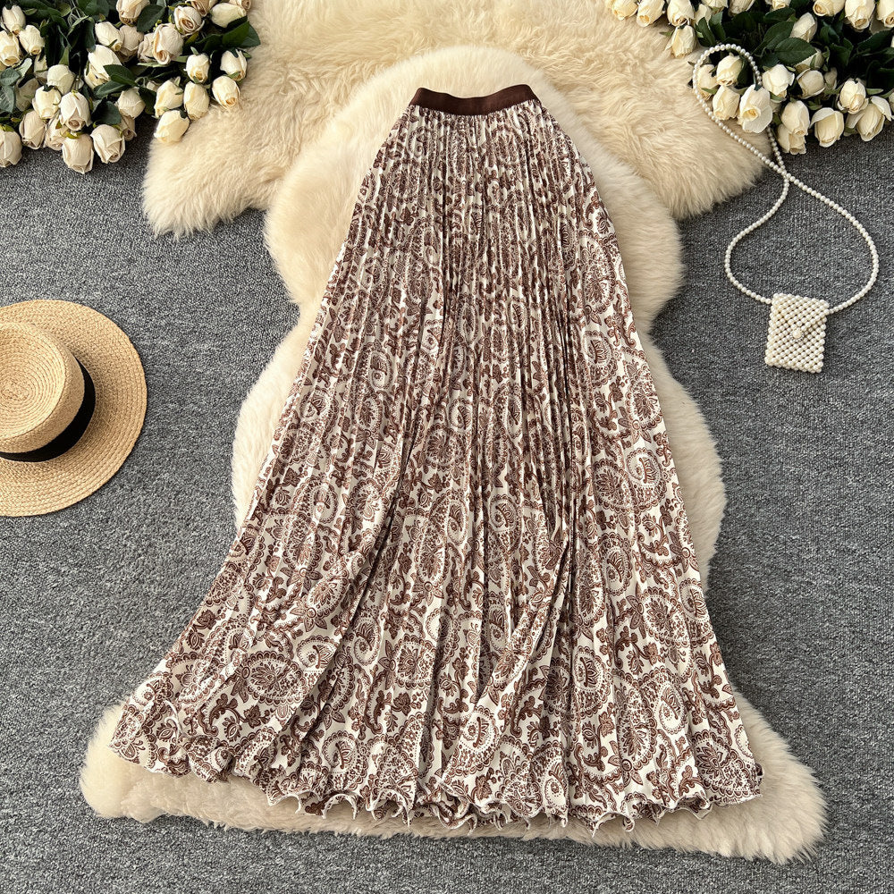 Vintage print pleated elastic waist fashion skirt - women's high-waisted a-line skirt - commute-friendly, flowy maxi skirt for summer