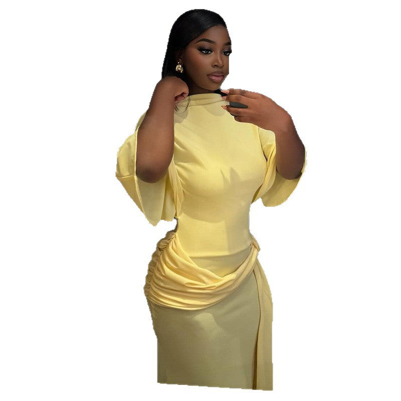 Fashion styleexport women's backless sexy pleated loose hip skirt one-line collar strap slit long dress trendy