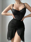 new black lingerie set: sexy sheer lace babydoll with slit maxi skirt and bodycon panties