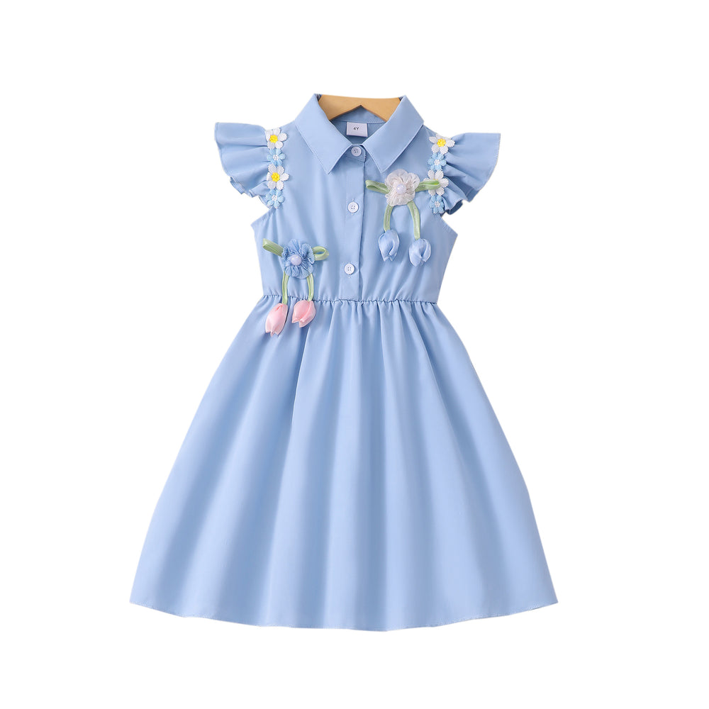 Girls' dress for toddlers and young children, 3d floral flutter sleeve dress