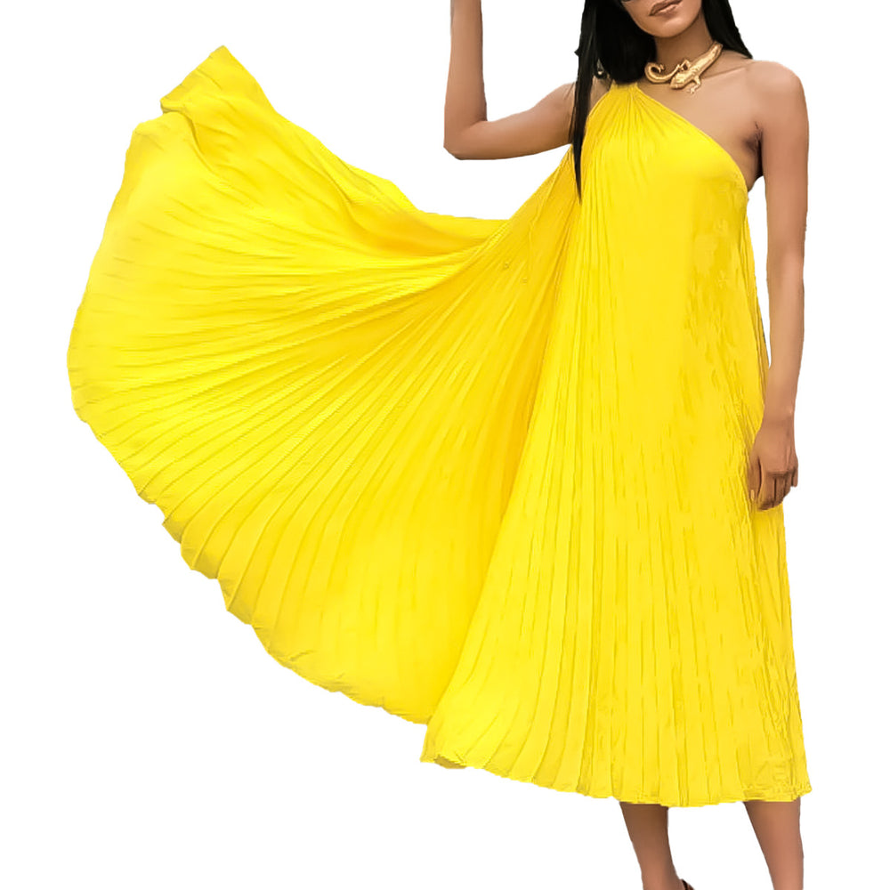 C8552  cross-border  elegant solid color ruched sleeveless asymmetrical neck maxi dress - export quality