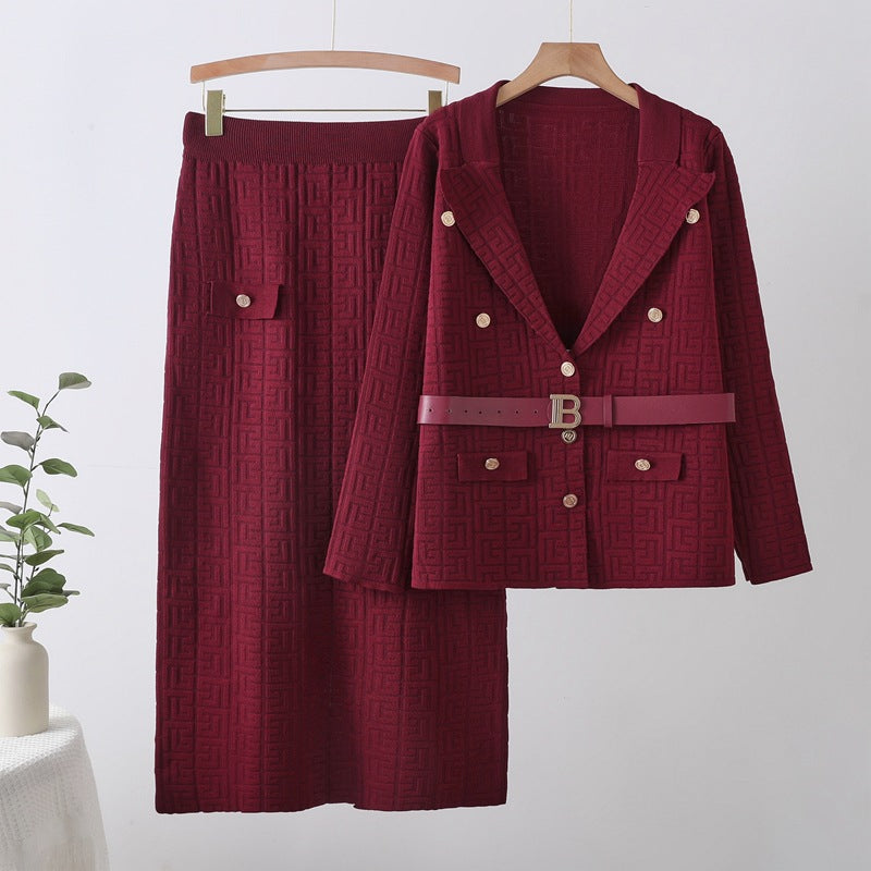 new european and american fashionable and elegant herringbone jacquard knitted export two-piece knit set dress